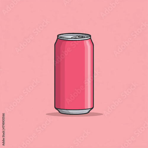 Cartoon illustration of a pink soda or beer can isolated on a light pink background simple flat design concept for beverages and refreshments with soft shadow
