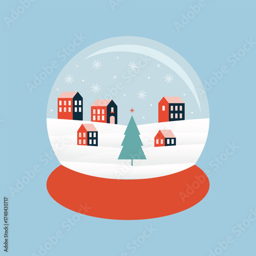 A snow globe with houses, snowdrifts, snowflakes, and a Christmas tree inside a crystal ball. Transparent snow globe, glass Christmas gift. Vector illustration.