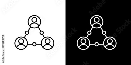 Vector line icon of connected people in a triangular network representing teamwork, communication, and collaboration in black and white outline style