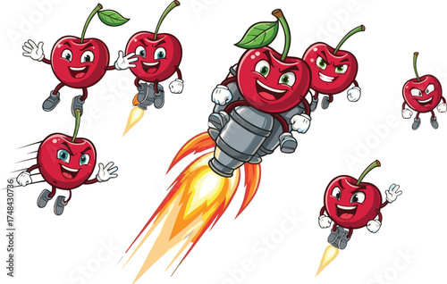 Seven cartoon cherries, flying with rockets and jetpacks, playful fruit characters, whimsical illustration, colorful artwork, cheerful design, children creative content