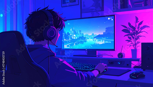 Focused gamer in a futuristic gaming space with LED lights. Immersed in a vibrant and tech-filled gaming experience. Gamer engaged in a colorful, high-tech gaming environment
