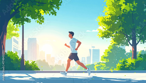 Jogging in the city park during a sunny morning. Fit person running through a park on a bright day. Urban runner exercising outdoors in the fresh air. Active lifestyle: person jogging in a scenic park