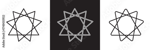 Bahai star. Black linear Baha'i symbols set. nine pointed star bahai symbol set. Religious symbol of Bahaism. Vector illustration.