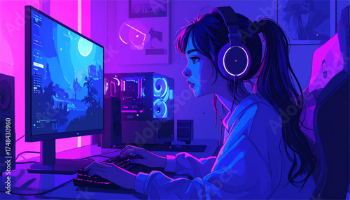 Player engaged in gaming session with vibrant RGB lighting effects. focused gamer playing with digital world unfolding in purple light. Night gaming session with neon purple lights and immersive setup