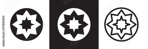 Bahai star. Black linear Baha'i symbols set. nine pointed star bahai symbol set. Religious symbol of Bahaism. Vector illustration.