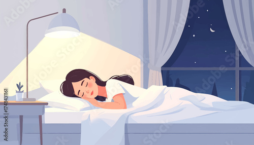 Peaceful sleep in cozy, quiet room illuminated by soft bedside light. calming nighttime scene with a peaceful sleeper and gentle lighting. tranquil bedroom with soft lighting for restful night's sleep