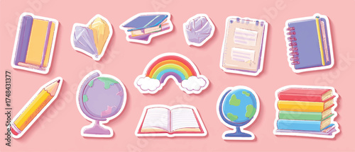 Collection of School and Study Stickers on Light Pink Background Representing Education and Learning Materials with Colorful Book Stacks