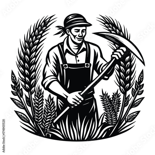 Farmer Silhouette Working in Wheat Field Illustration Image on White Background