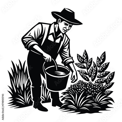Farmer Silhouette Tending Crops, Agriculture, Cultivation, Farming Black and White Art on White Background