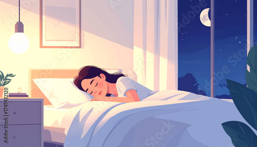 Sleeping peacefully at night in a cozy bedroom environment. Calm sleep in a serene and quiet nighttime bedroom. Relaxed sleep at night in a calming, minimalist bedroom.