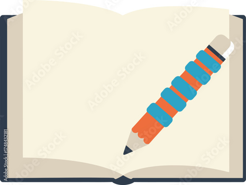 Open book with blank pages and a pencil illustration flat style