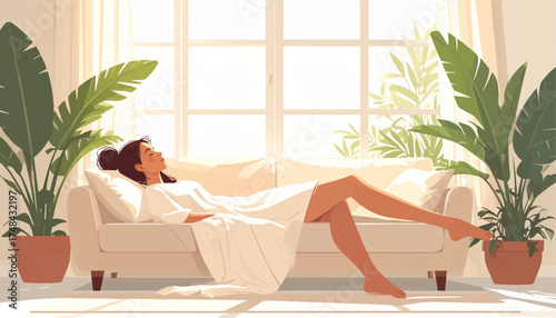 Effortless relaxation in a serene living room with natural light. Woman in pure relaxation surrounded by peaceful home decor. Sitting back in comfort, enjoying a calm moment at home.