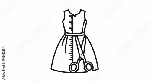 A line drawing of a sleeveless dress with a measuring tape and scissors against a plain white background.
