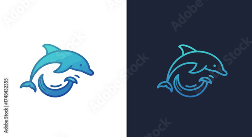 Stylized Dolphin Illustration with Water Splash, Blue Gradient Design