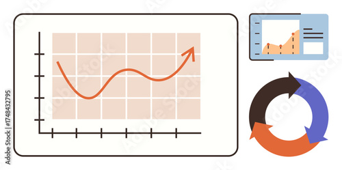 Line chart with rising arrow on a grid, data dashboard with metrics, and circular arrows symbolizing continuous improvement. Ideal for business, progress, strategy, analytics, planning, development