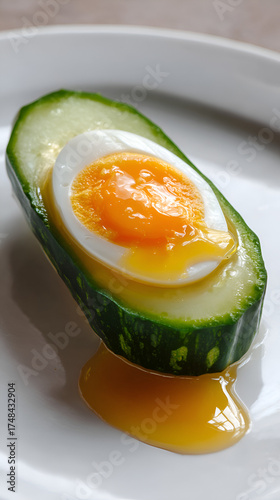 Soft-Boiled Egg in Cucumber Slice, Minimalist Food Concept, Healthy Breakfast Fusion