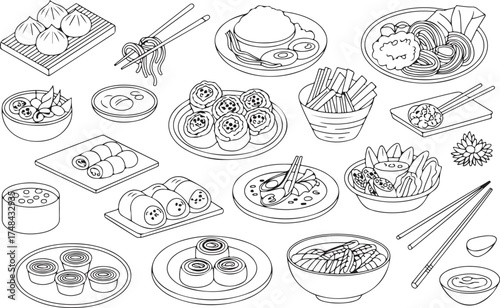 Asian Cuisine Line Art Collection Delicious Dishes Noodles Dumplings and Sushi Rolls