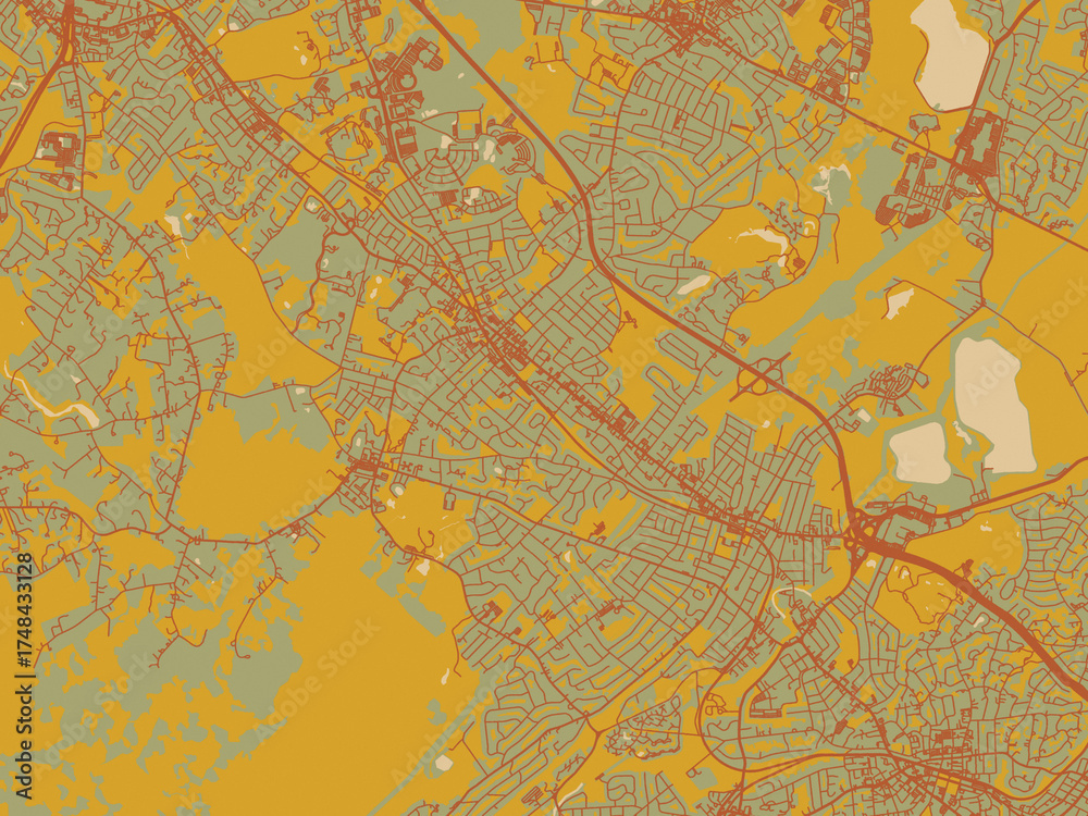 Obraz premium Minimalist flat city map of Madison New, Jersey with sage green ground with rust-red roads and ochre accents.