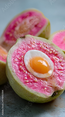 Egg Yolk in Pink Guava Half, Creative Food Fusion Concept, Tropical Fruit and Egg Art