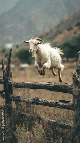 White Goat Jumping Over Wooden Fence, Mountain Pasture Scene, Playful Farm Animal Action