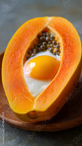 Raw Egg in Papaya Half, Tropical Breakfast Concept, Creative Fruit and Egg Fusion
