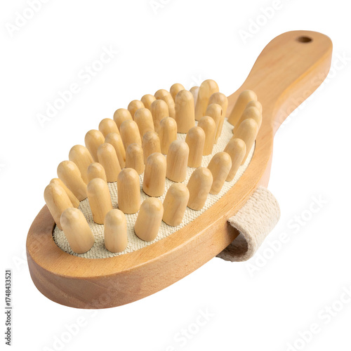 Wooden brush with rounded wooden knobs for body massage and a fabric hand strap