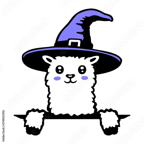 Cute Llama Peeking Purple Witch Hat Halloween Head
