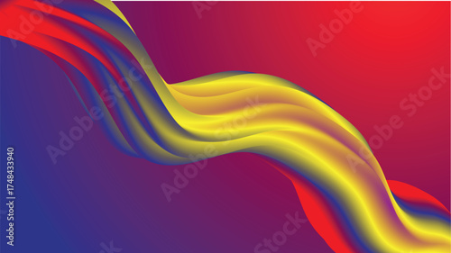 Vibrant abstract wave of flowing colors in yellow blue and red gradients on a dark background