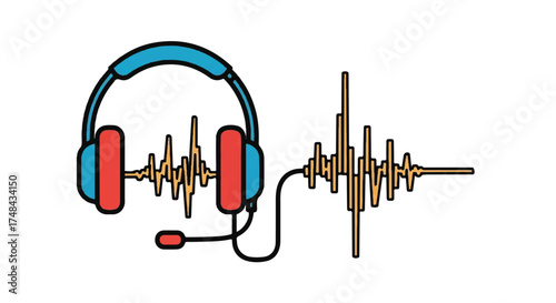 A colorful illustration of a headset with a microphone and a sound wave on a white background with a simple graphic design.