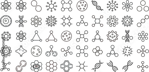 Various colorful science and molecule icons arranged on a white sheet