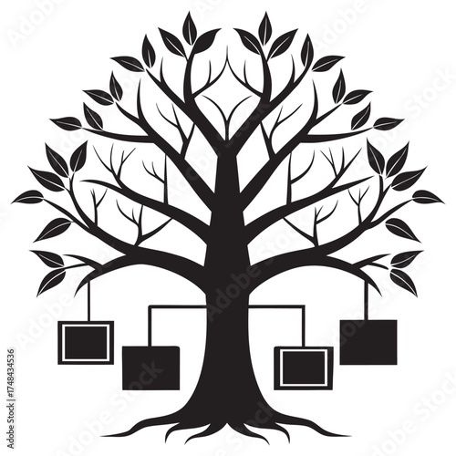 Silhouette of a stylized family tree with square frames representing individuals, Silhouette a stylized genealogical tree with square frames representing family members branching out from the trunk.