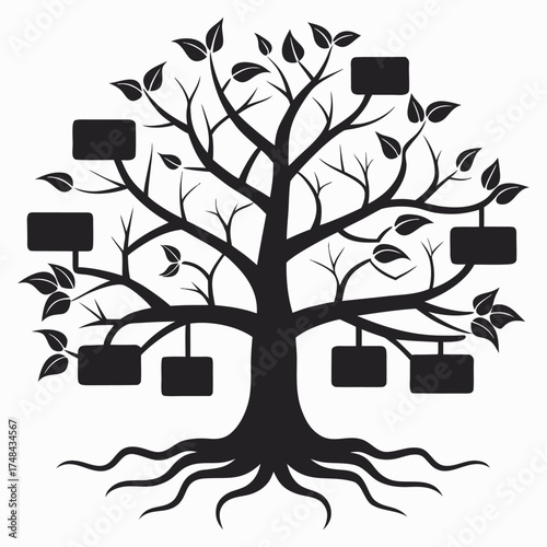 Silhouette of a stylized family tree with square frames representing individuals, Silhouette a stylized genealogical tree with square frames representing family members branching out from the trunk.