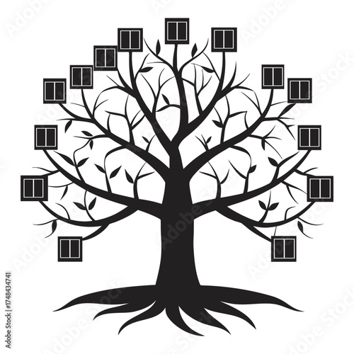 Silhouette of a stylized family tree with square frames representing individuals, Silhouette a stylized genealogical tree with square frames representing family members branching out from the trunk.