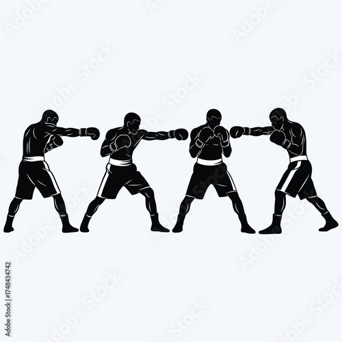 Four boxing poses displayed in a striking black and white silhouette