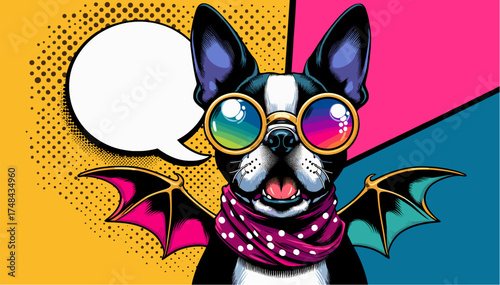 Boston Terrier in sunglasses and bat wings with shocked comic expression, pop art Halloween design with speech bubble