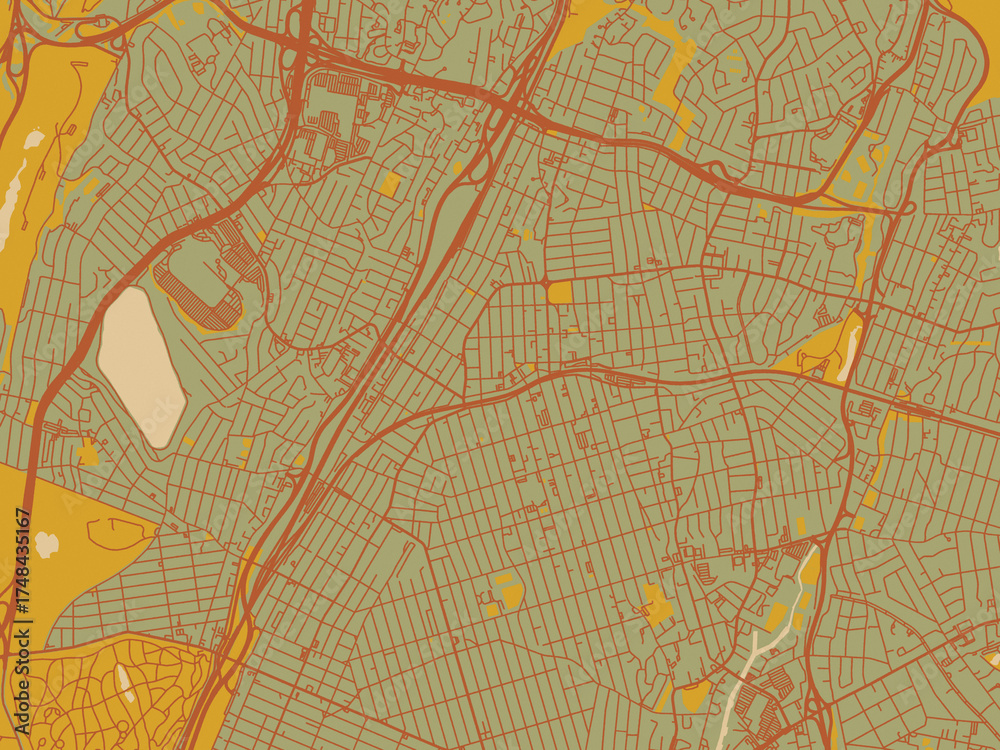 Obraz premium Vector-style flat map of Mount Vernon, New York with sage/olive tone field with rust networks and ochre shapes, cream water.