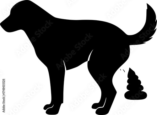 Black silhouette illustration of a dog pooping and dropping waste on a white background
