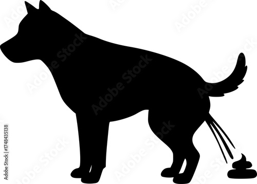 Black silhouette illustration of a dog pooping and dropping waste on a white background
