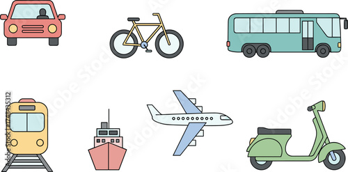 Transportation icons, car, bicycle, bus, train, ship, airplane, scooter, travel vehicles, flat vector illustration, land, water, air transport