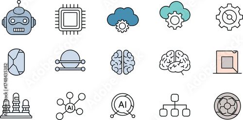 Artificial intelligence icons, machine learning symbols, neural network, AI brain, cloud computing, robotics, futuristic tech, data science, flat vector illustration