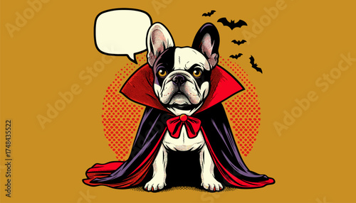 French Bulldog in vampire cloak in Halloween pop art retro style, empty speech bubble