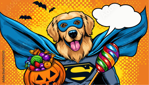 Golden Retriever in superhero costume with Halloween candy in pop art illustration, speech bubble