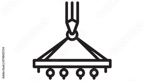 Industrial crane hook lifting heavy equipment with multiple chains and clasps