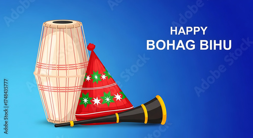 Stylized Bihu festival graphic with traditional dhol, horn, and decorated cone against blue gradient — vibrant cultural celebration ideal for event posters, banners, and social media.