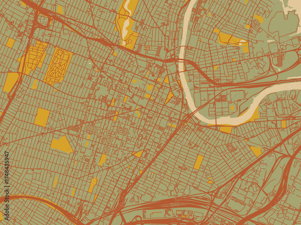 Obraz premium Flat painterly map of Newark New, Jersey in olive backdrop with warm rust street network and ochre blocks.