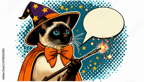 Siamese cat wizard with wand and magic sparks in retro pop art style, empty speech bubble