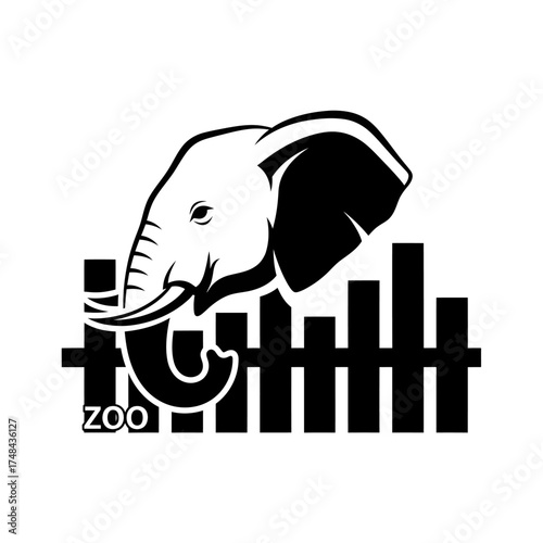 Monochromatic vector logo of a majestic elephant head behind a wooden fence, an iconic symbol for a zoo or wildlife sanctuary