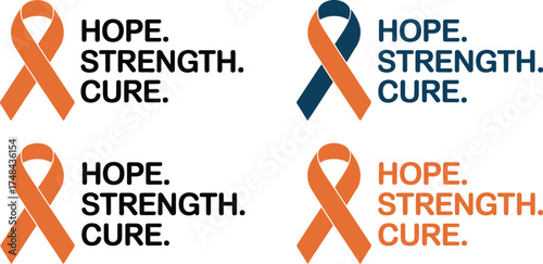 Four awareness ribbons with hope strength and cure text on a white background
