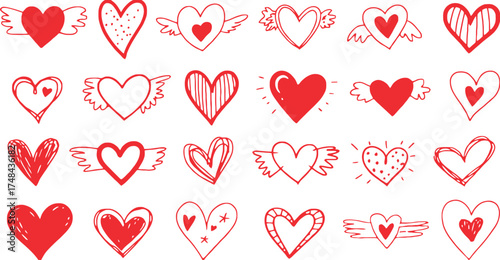 Collection of red heart doodles with and without wings on white paper
