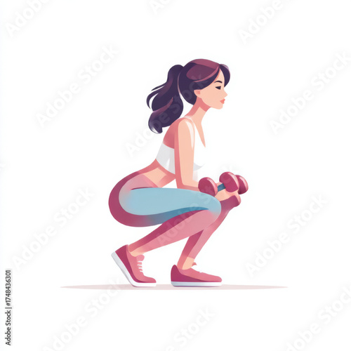 Young woman, focused, exercising with dumbbells in a squat position